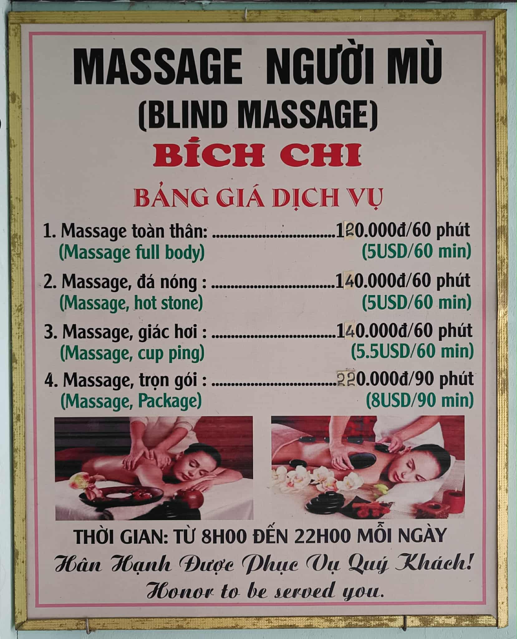 Bảng giá dịch vụ tại Massage Người Mù Bích Chi